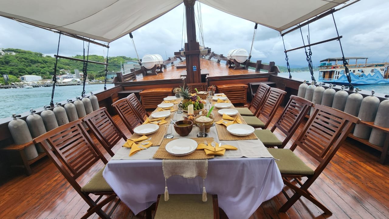 Stern terrace and outdoor dining space aboard Supraba